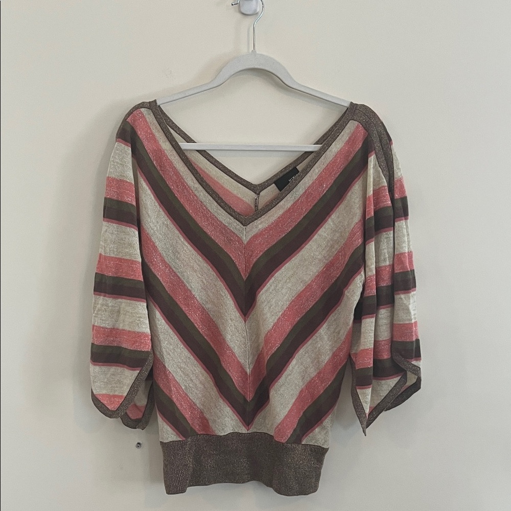 Vintage Mixit Y2K Sweater Top Metallic‎ Open Sleeve Striped Pink Tan Green Ramie
